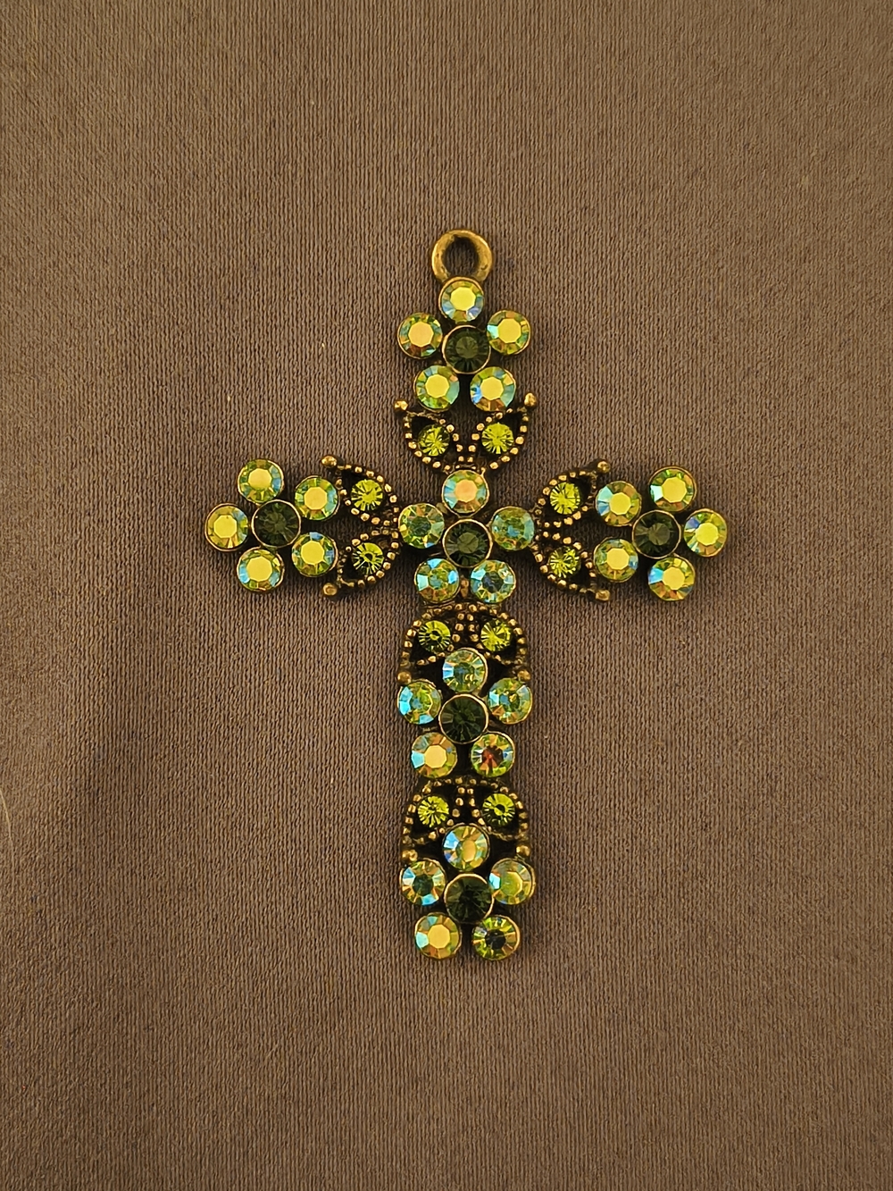Gold-Tone Green Crystal Cross Pendant Necklace